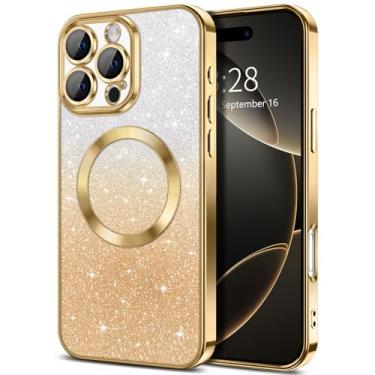 Imagem de Hython Capa para iPhone 16 Pro Max com glitter magnético transparente [compatível com MagSafe] Protetor completo de lente de câmera fino gradiente brilhante luxuoso chapeamento à prova de choque capa