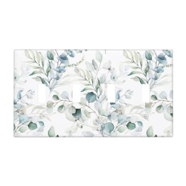 Imagem de Placa de parede decorativa de folha de eucalipto verde para interruptor de luz, 4 gangues quadriciclo, aquarela primavera boho, folhas de eucalipto, topo de árvore, flor silvestre decorativa, tampa de