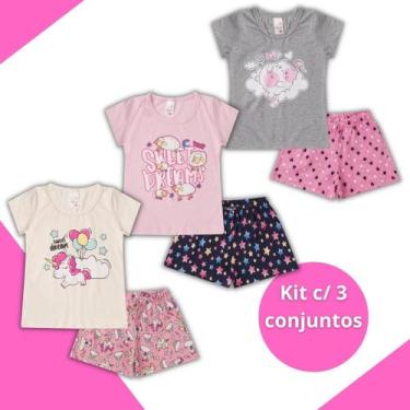 Imagem de Kit 3 Pijama Infantil Menina Verão Roupa de Dormir Algodão - Paty Shop