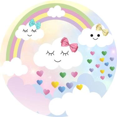 Imagem de Painel de Lona Redondo Chuva de Amor Trio de Nuvens Felizes Corações -