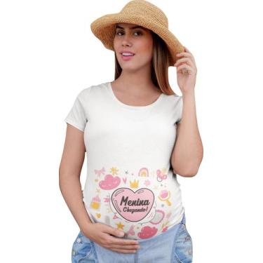 Imagem de Camiseta Gestante Gravida Divertida Menina Chegando Bebe Branca - Del 