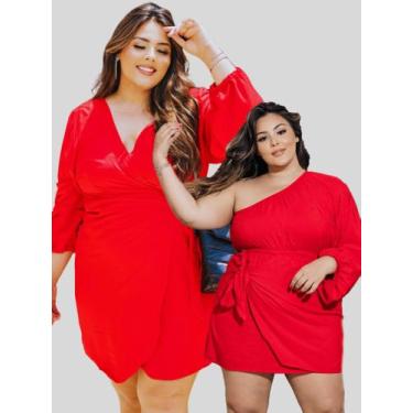 Imagem de Vestido Curto Plus Size Vermelho Natal Envelope Amarração Luxo Manga B