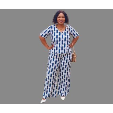 Imagem de Conjunto Estampado Blusa decote V e Calça Pantalona com dois bolsos. -