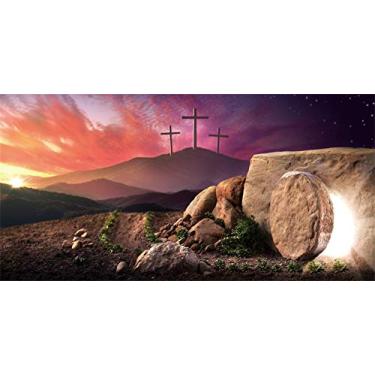 Imagem de AOFOTO 4,5 x 2,4 m, cruz Jesus Cristo, cenário de Páscoa, nascer do sol, crucificação, golgota, crucificação, três crucificações, pedra clara sagrada, tumba, calvário, fundo de ressurreição para estúdio fotográfico, vinil