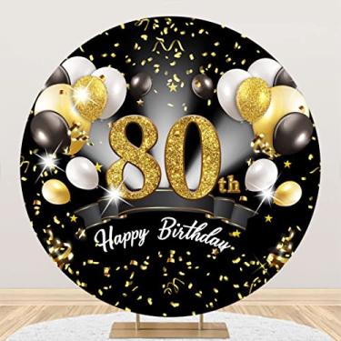 Imagem de DORCEV 2 x 2 m poliéster feliz 80º aniversário círculo capa de fundo preto branco ouro redondo balões de fundo dourado lantejoulas douradas holofotes fotografia fundo feliz aniversário decoração
