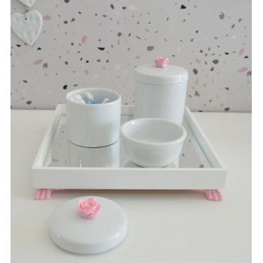 Imagem de Kit Higiene K049 Bandeja MDF Porcelanas Apliques Rosa Quarto Bebê - Ci
