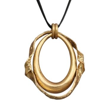 Imagem de Bjesinmo Colar com pingente grande para mulheres, colar de círculo grosso, boêmio, pingente de ouro, colar de couro multicamadas para mulheres, joias hippie, Couro sintético, Sem Pedra Preciosa