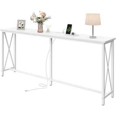 Imagem de SUPERJARE Mesa de console de 178 cm com 2 tomadas, 1 tipo C e 1 porta USB, mesa de entrada extralonga com moldura de metal e barras em forma de X, mesa de sofá estreita para sala de estar, corredor,