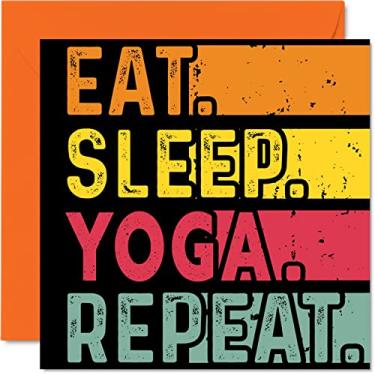 Imagem de Cartão de aniversário engraçado para ela ou ele - Eat, Sleep, Yoga, Repeat - Cartões de feliz aniversário para meditar Asanas presentes para amantes da meditação Asanas, 14 x 14 cm, cartões de aniversário para todas as ocasiões, crianças ou adultos