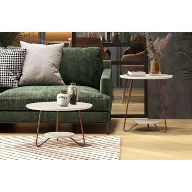 Imagem de Conjunto Mesa Centro e Apoio Redonda Sala Decoração Escritório Compacta Retrô Pés Ferro Liz - Offwhite
