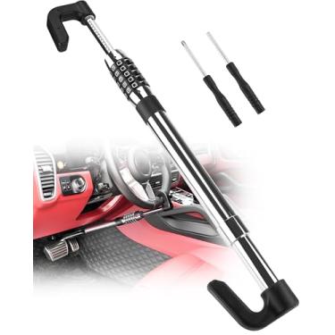 Imagem de Tevlaphee Bloqueio de volante dispositivo antirroubo bloqueio de pedal de freio retrátil senha 5 combinação codificada anti-roubo dispositivo de segurança de carro resistente ajuste universal para veículos carro caminhão van SUV