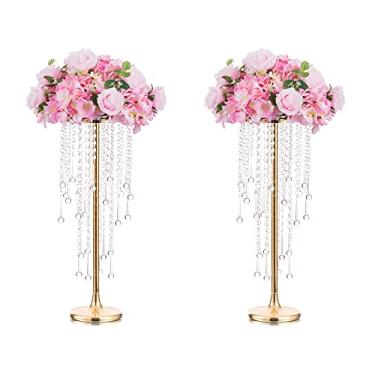 Imagem de Vasos altos de mesa de casamento para mesas - Vaso de flor de ouro de 55 cm com cristal de lustre, decorações de mesa de centro, suporte de flor de metal para casamento, recepção, festa, eventos, casa, 2 peças