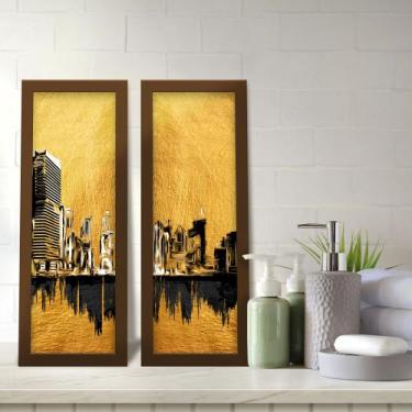 Imagem de Kit 2 Quadros Decorativos Lavabo Cidade Dourado e Preto Moderno Elegan