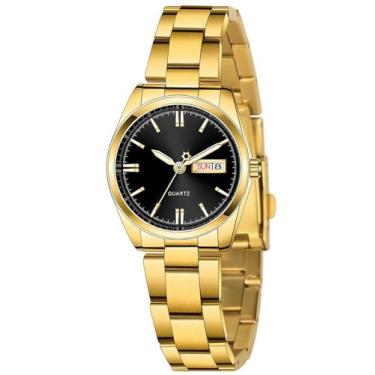 Imagem de carlien Relógio de pulso feminino analógico de quartzo com calendário à prova d'água de aço inoxidável, Dourado, preto, 29mm, Chinês