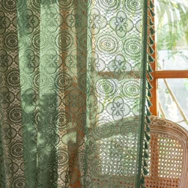 Imagem de Cortinas de Renda Verde Escuro YJ YANJUN, Boho Vintage, Transparentes, Floral, Crochê, 2 Painéis, 213 cm de Comprimento, Para Sala de Estar e Outras Áreas