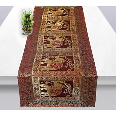 Imagem de Real Online Vendedor Indiano Retângulo Arte manual Elefante Banarsi Seda Mesa Runner 60 x 16 Polegadas Marrom & Dourado Pano de mesa