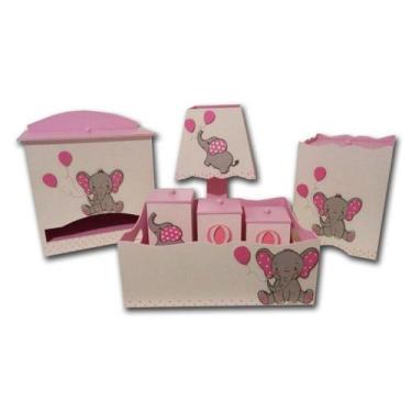 Imagem de Kit Higiene bebê MDF Elefantinha Elefante Balão Rosa - Canaã Artbaby