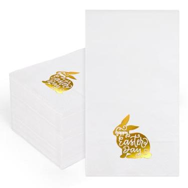 Imagem de FYSUIMU 100 peças de papel descartável de Páscoa guardanapos decorativos para convidados folha de ouro coelho coelho feliz Páscoa toalha de mão para almoço jantar cozinha banheiro feriado festa de