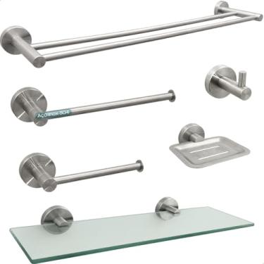 Imagem de Dona D.cor, Jogo De Banheiro Acessorio Inox 304 Kit Lavabo Luxo 6 Peças Porta Shampo Vidro Incolor Saboneteira Toalheiro 60cm Papeleira Gancho Porta Toalha Reto