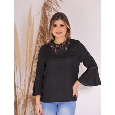 Imagem de Blusa Crepe Feminina Manga Longa 3/4 com Gola Rendada e Manga Sino Cas