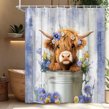 Imagem de BATRUG Cortina de chuveiro engraçada de vaca Highland, linda casa de fazenda, azul e roxo, floral de madeira ocidental, conjunto de acessórios de banheiro turquesa rústica rústica com ganchos, 187 x