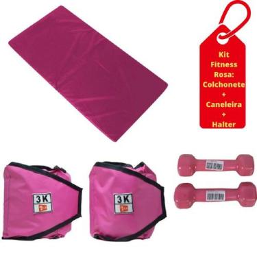 Imagem de Kit Colchonete Rosa+ Par de Caneleira 3kg + Par de Halter Emborrachado