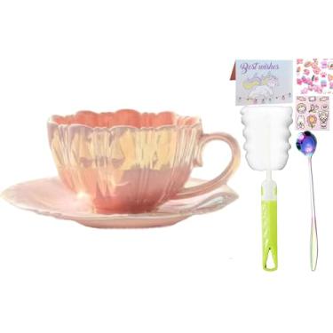 Imagem de seelucky Caneca de café de cerâmica com concha de pérola, conjunto de porta-copos para chá, latte, leite, xícara fofa com pires para presente feminino de escritório em casa 185 g (rosa pétala, 240 ml)
