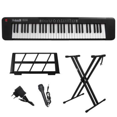 Imagem de Kit Teclado Musical Portátil 61 Teclas Rhythmic 50 Preto com Suporte e