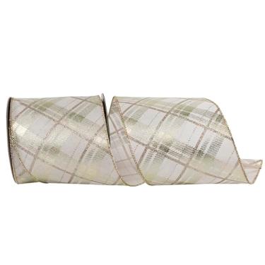 Imagem de Reliant Ribbon Fita de borda metálica estampada em sarja xadrez, marfim/dourado