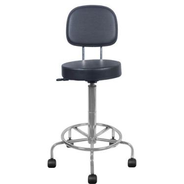 Imagem de Cadeira Mocho Alta Cromada Preta Estética Giratória maca com encosto a