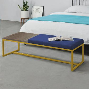 Imagem de Calçadeira Recamier Londres 140cm Industrial Dourado Sintético Azul Marinho Tampo Quadrado mdf Nogal - Ahz Móveis