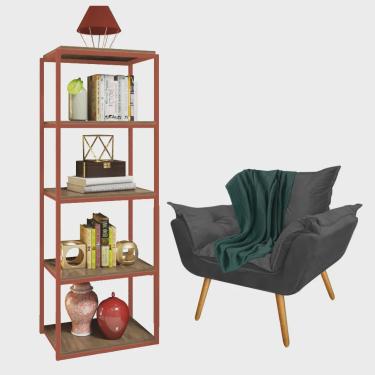 Imagem de Kit Poltrona Fatte com Manta Soft Verde e Estante Livreiro Ferro Bronze mdf Caramelo Suede Cinza - Ahz Móveis