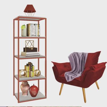 Imagem de Kit Poltrona Fatte com Manta Soft Lilás e Estante Livreiro Ferro Bronze mdf Marmorizado Cinza Suede Vermelho - Ahazzo Móveis