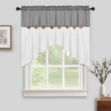 Imagem de FRAMICS Cortina Farmhouse Swag, cortina de saia de linho de algodão boho, saia de janela de botão rústico cinza para cozinha, banheiro, quarto, sanefas para janelas, cinza, 132 x 91 cm