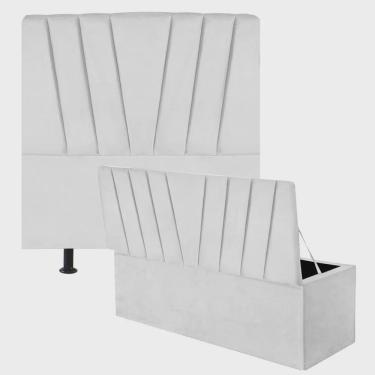Imagem de Kit Cabeceira Estofada e Calçadeira Baú Recamier Bélgica 90cm Solteiro Corino Branco - Ahz Móveis