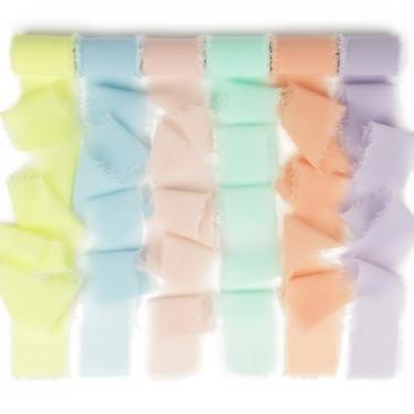 Imagem de Fita pastel, fita de chiffon macaron de 3,8 cm x 3 m, fita de chiffon desgastada colorida feita à mão, franja, chiffon, para convites de casamento, buquês de flores, embrulho de presente, chá de bebê