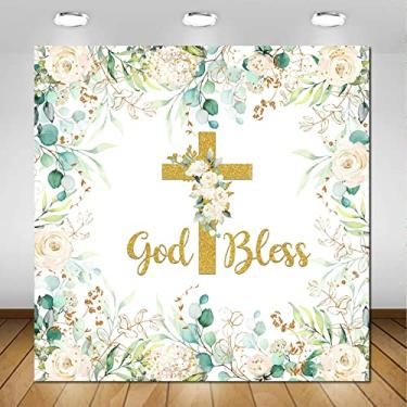Imagem de Avezano Greenery God Bless Pano de fundo para meninas primeira comunhão batizado decoração de festa de batismo branco floral verde ouro eucalipto God Bless Party Photoshoot (2,4 x 2,4 m)