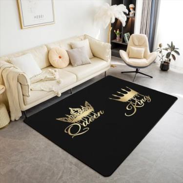 Imagem de jejeloiu Tapetes Queen e King para sala de estar, quarto, padrão de coroa, tapete de área 12 x 18 cm para crianças, meninos, meninas, adolescentes, conjunto de tapetes decorativos modernos dourados,