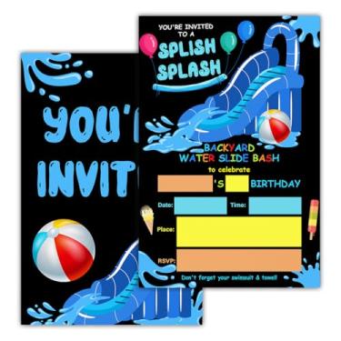 Imagem de RNYJJ Convites de aniversário Waterpark Party com envelopes (20 unidades), tobogã de água, respingos, piscina, festa de aniversário, preencher cartões de convites, design de dupla face