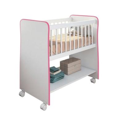 Imagem de Mini Berço Móvel Rubi com Colchão, Grade de Proteção, Suporte para Mosquiteiro, Prateleira, (Rosa)