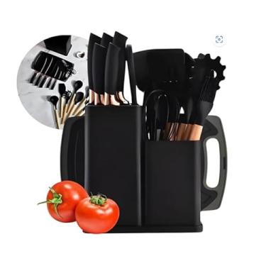 Imagem de Kit Utensílios de Cozinha em Silicone com 19 Peças – Cabos de Madeira, Espátulas, Colheres, Concha, Faca, Tábua, Tesoura, Faqueiro e Suporte – Antiaderente e Resistente ao Calor (Preto)