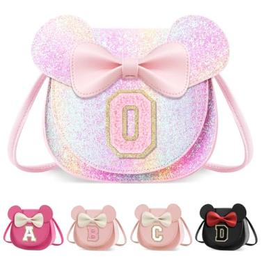 Imagem de XSUIOY Bolsa infantil para meninas, presente de aniversário para crianças, bolsa infantil com inicial personalizada, lindo laço de orelha, presente de menina, Rosa brilhante grande, O, O