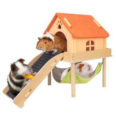 Imagem de BESNEW Rede 3 em 1 para porquinhos-da-índia ampliada, esconderijo de madeira para porquinhos-da-índia com casa, plataforma e escadas, brinquedos de animais pequenos para esconder atividades de sono