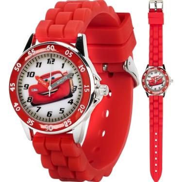 Imagem de Accutime Relógio analógico infantil Carros com caixa prateada, moldura vermelha, pulseira vermelha - Personagem oficial do carro Lightning McQueen no mostrador, relógio Time-Teacher,
