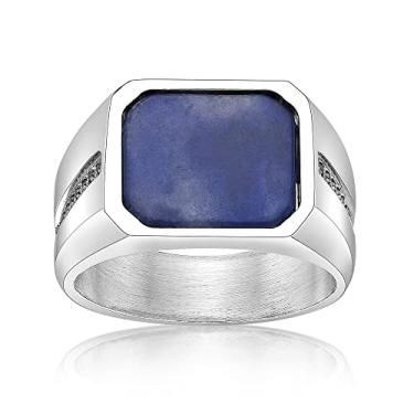 Imagem de Metro Jewelry Anel retangular de sodalita para homens em aço inoxidável com zircônia cúbica preta - Tamanho 8 a 12, pedra preciosa de metal, zircônia cúbica, Metal, Zircônia cúbica