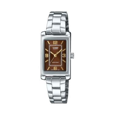 Imagem de Casio LTP-1234DD-5A Relógio feminino retangular padrão clássico de aço inoxidável com mostrador bordô, Borgonha, Clássico