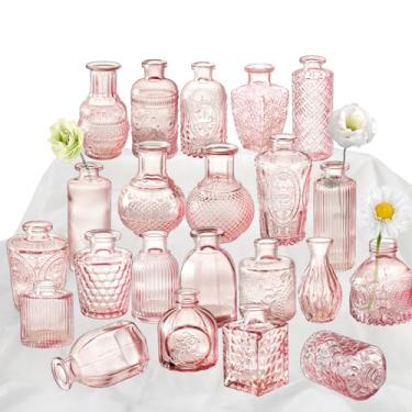 Imagem de Conjunto de 22 vasos de vidro rosa, vasos pequenos para flores, vasos de vidro transparente para centros de mesa, mini vasos de botão em decorações de casamento rústicas a granel, peças centrais