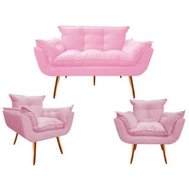 Imagem de Kit Namoradeira + 2 Poltronas Decorativa Opala Suede Rosa Bebê Pés Mad