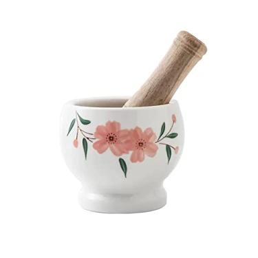 Imagem de Tigela Moedora Pilão Almofariz com Pilão Cerâmica Branca Almofariz e Pilão Padrão Floral Conjunto Suribachi e Surikogi Cerâmica Elegante Moedor Triturador(Grande)