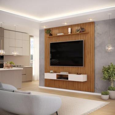 Imagem de Painel Suspenso Ripado C/ Bancada Suspensa 2 Portas Sala Estar TV Até 